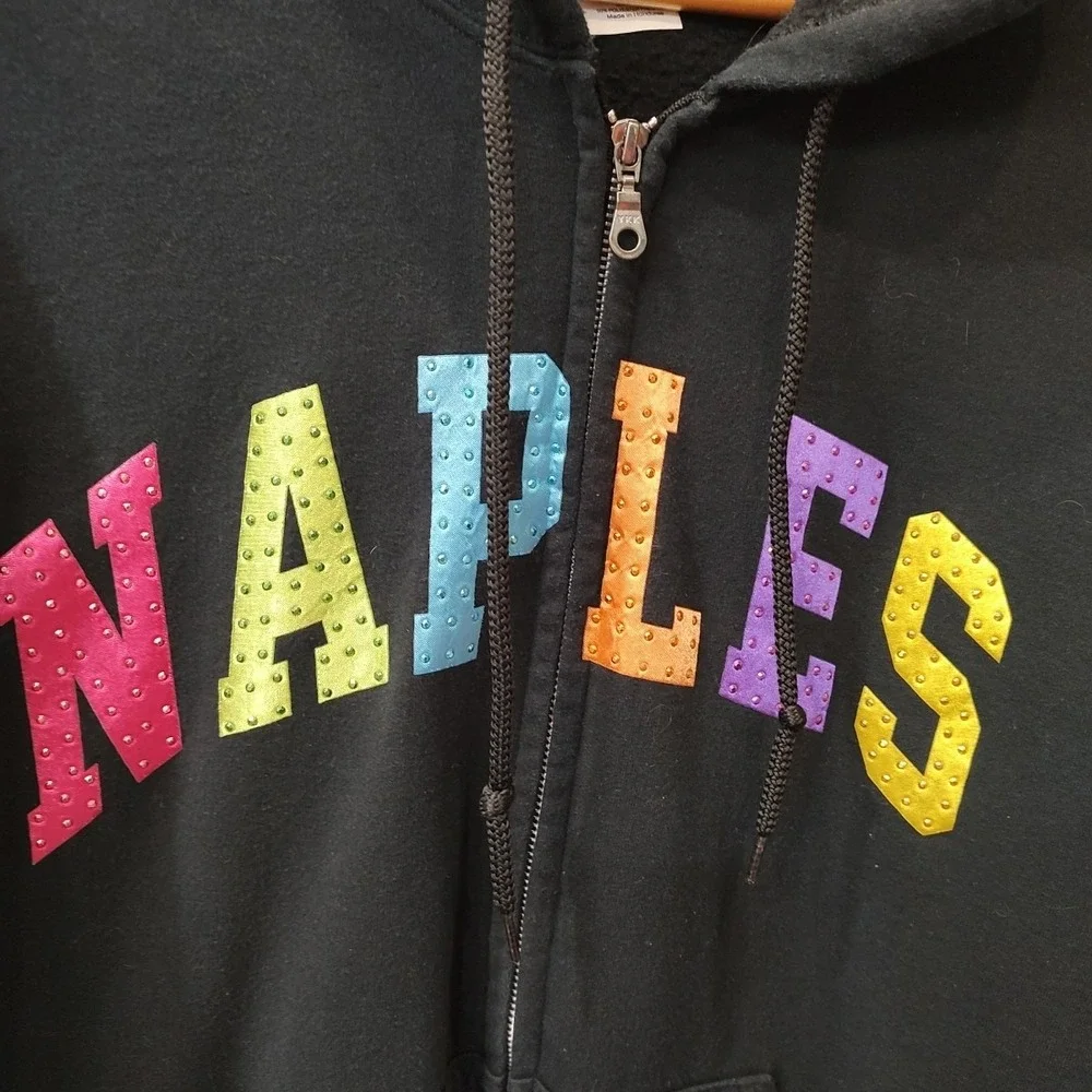 Vtg Y2K Gildan Naples Embellished Zip Up Hood Sz Large Black‎ Colored Letters